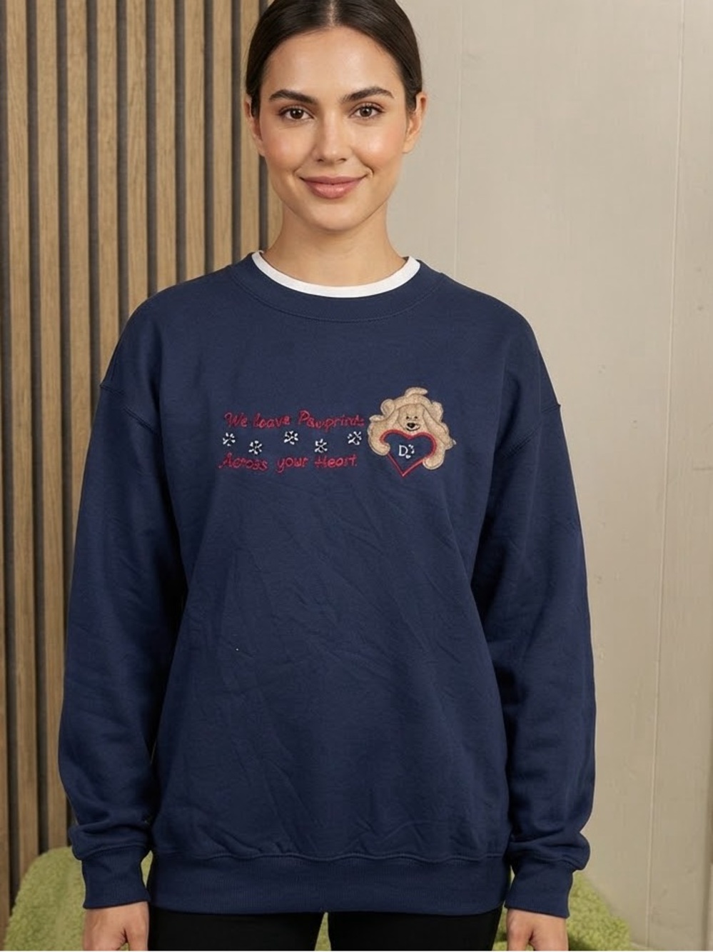 Embroidered Navy Crewneck Sweatshirt with Heart Accent - Women's